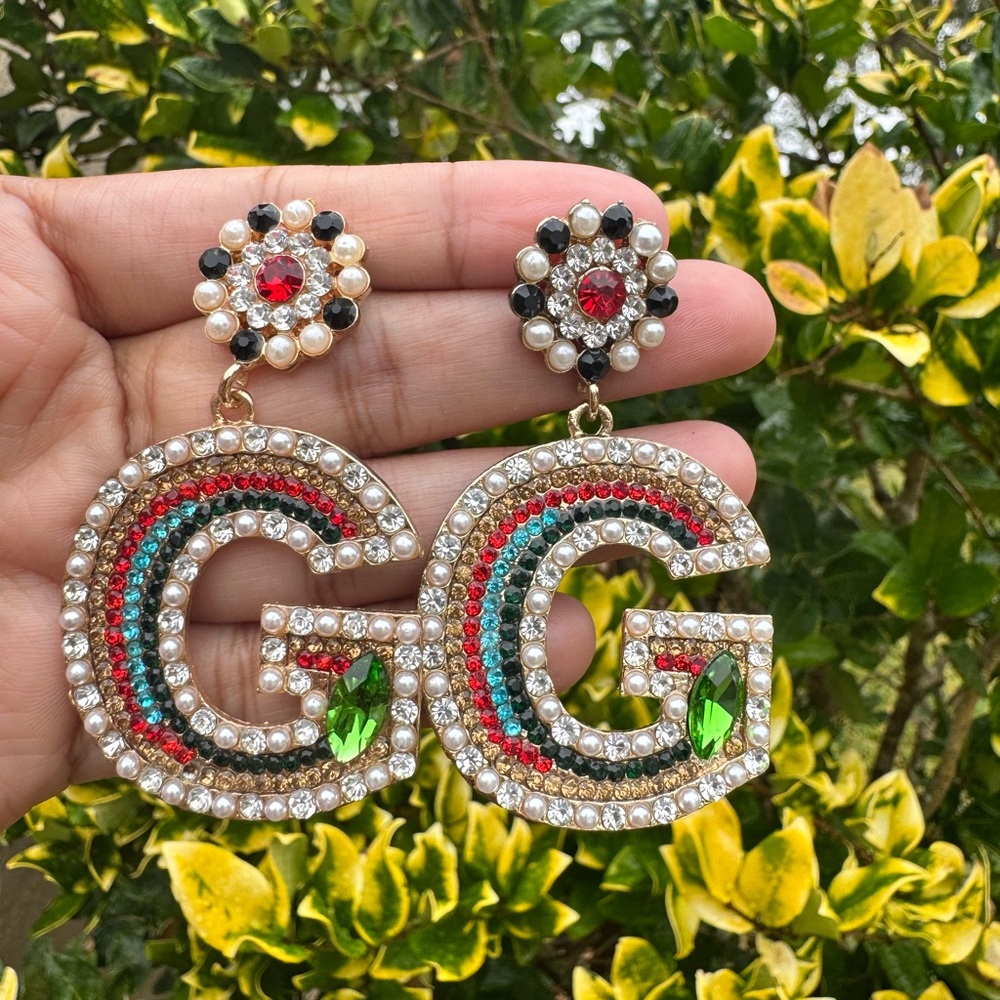 Luxurious Crystal GG Earrings with Red and Green Accents
